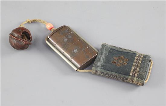 A Japanese bronze and silver inlaid travelling calligraphy set, 19th century, 3.5cm